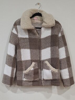 C+D+M Checkered Sherpa Zip Jacket in Cream & Taupe